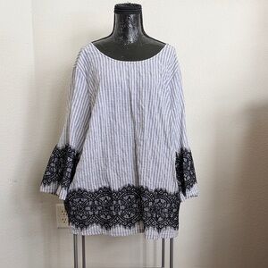 Lane Bryant White and Light Gray Striped Tunic with Black Lace Accents